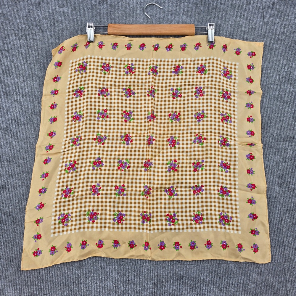 Vintage Glentex Silk Blend Gingham Floral Square Scarf Hand Rolled Japan Tan